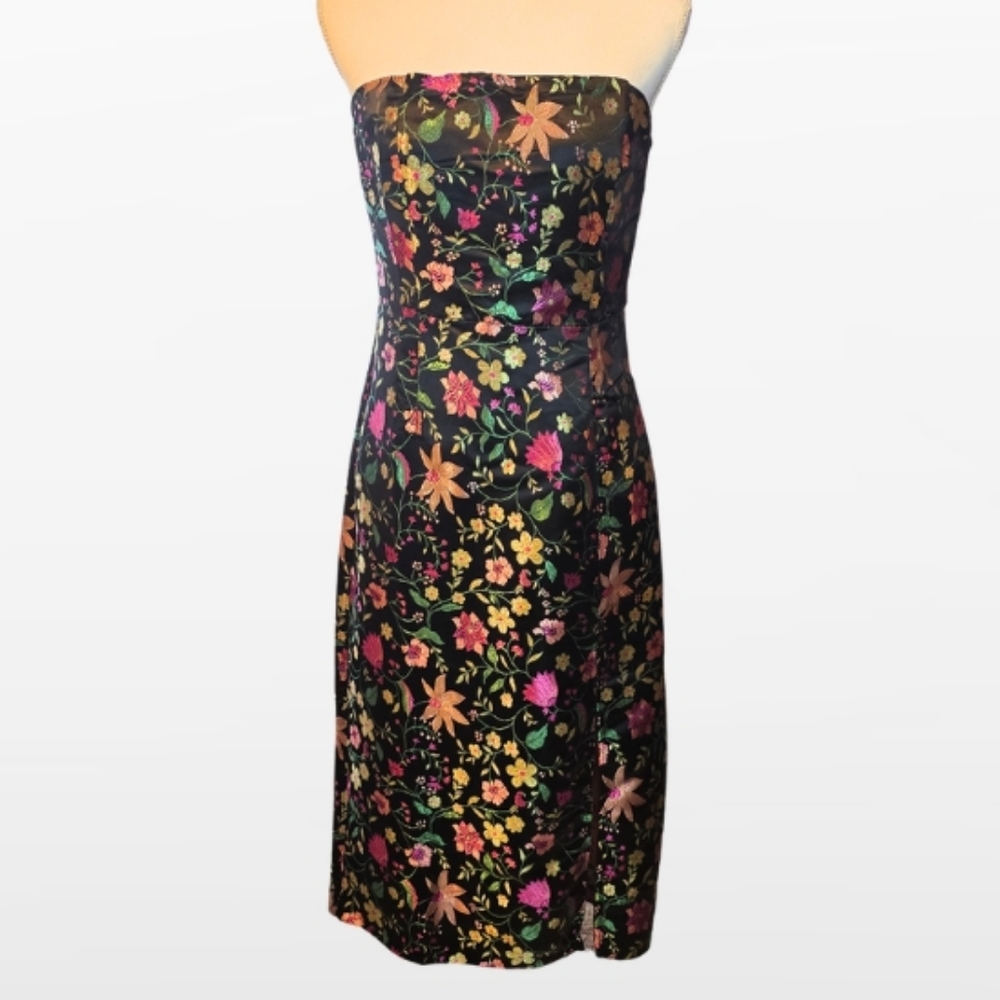 Lulu's | Make a Move Black Satin Floral Jacquard Strapless Midi Dress | Medium